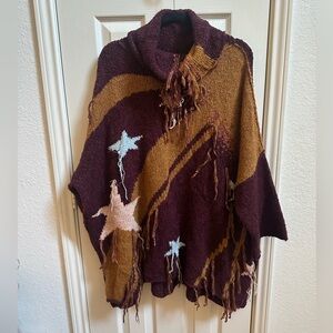 Free People Purple and Brown Turtleneck Knit Poncho with Multi Color Stars